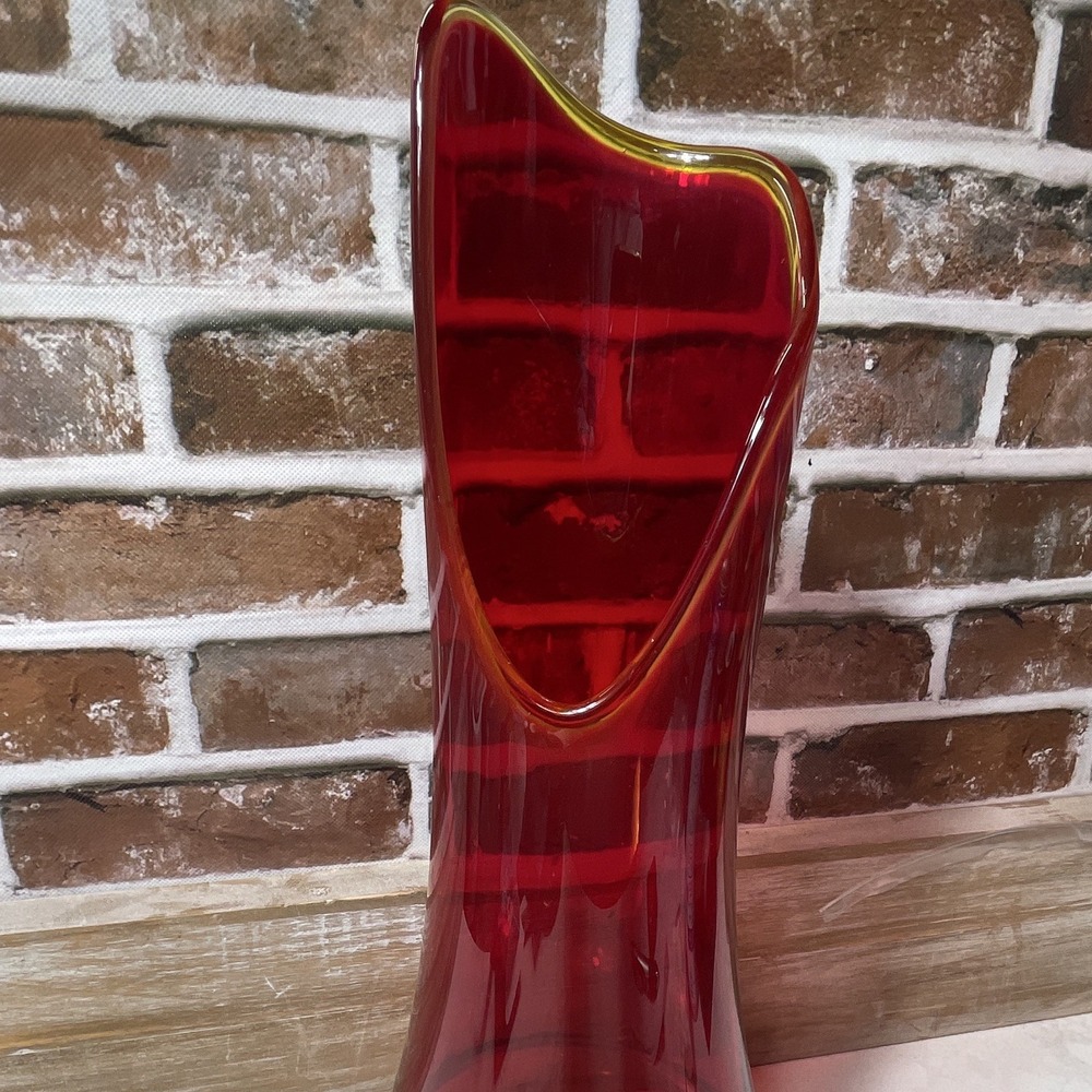 Red Art Glass Vase Amber Ruffled Rim 17" Tall 4" Wide Decorative Centerpiece - Picture 2 of 11